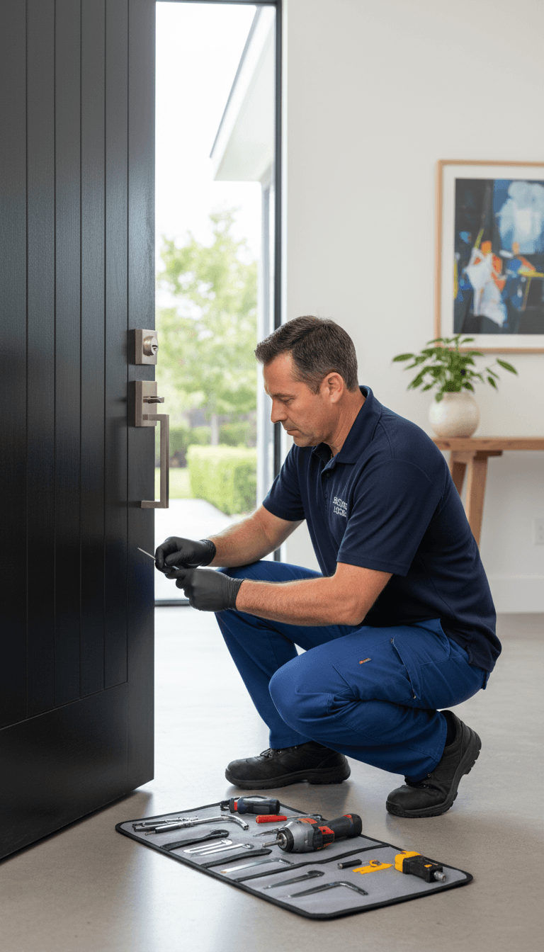 Professional locksmith installing and servicing a residential door lock