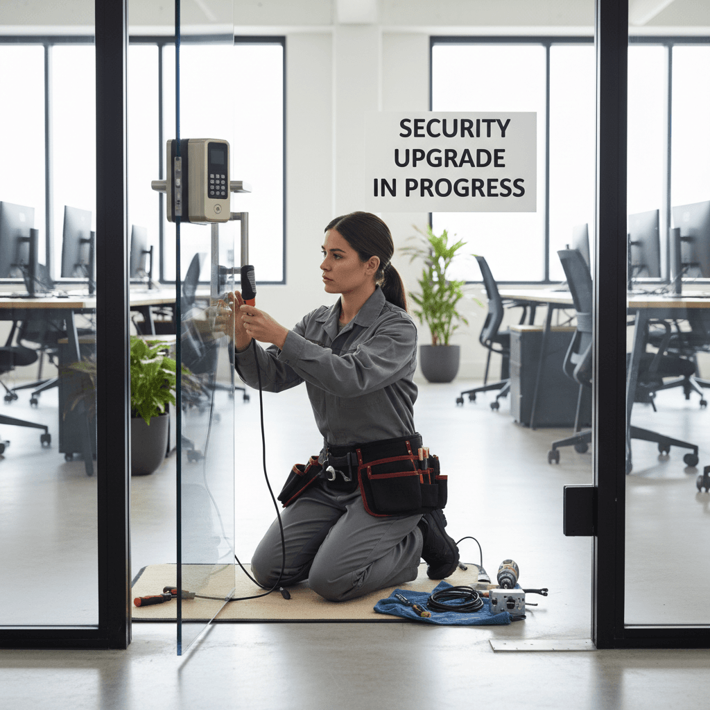 Commercial locksmith installing access control system on office door