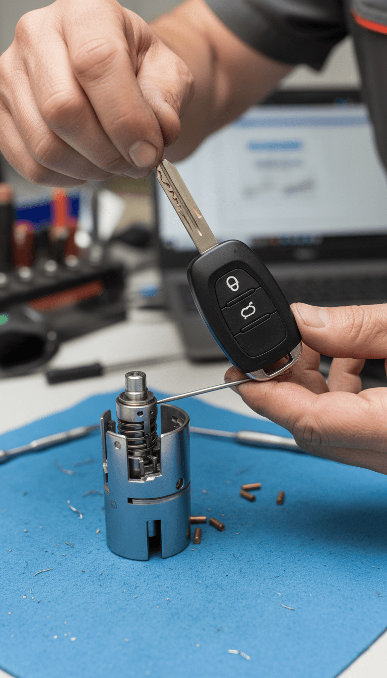Automotive locksmith with car key and lock mechanism