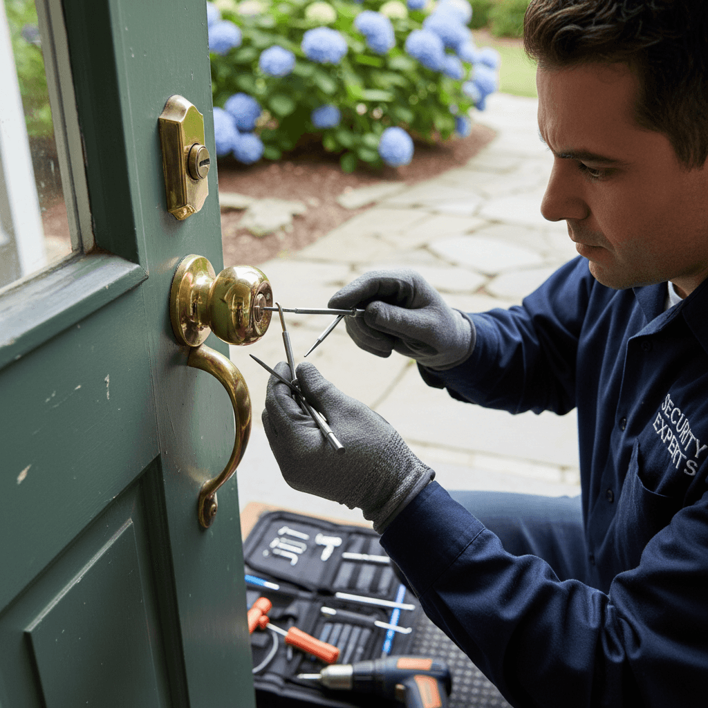 Locksmith working on residential lock installation