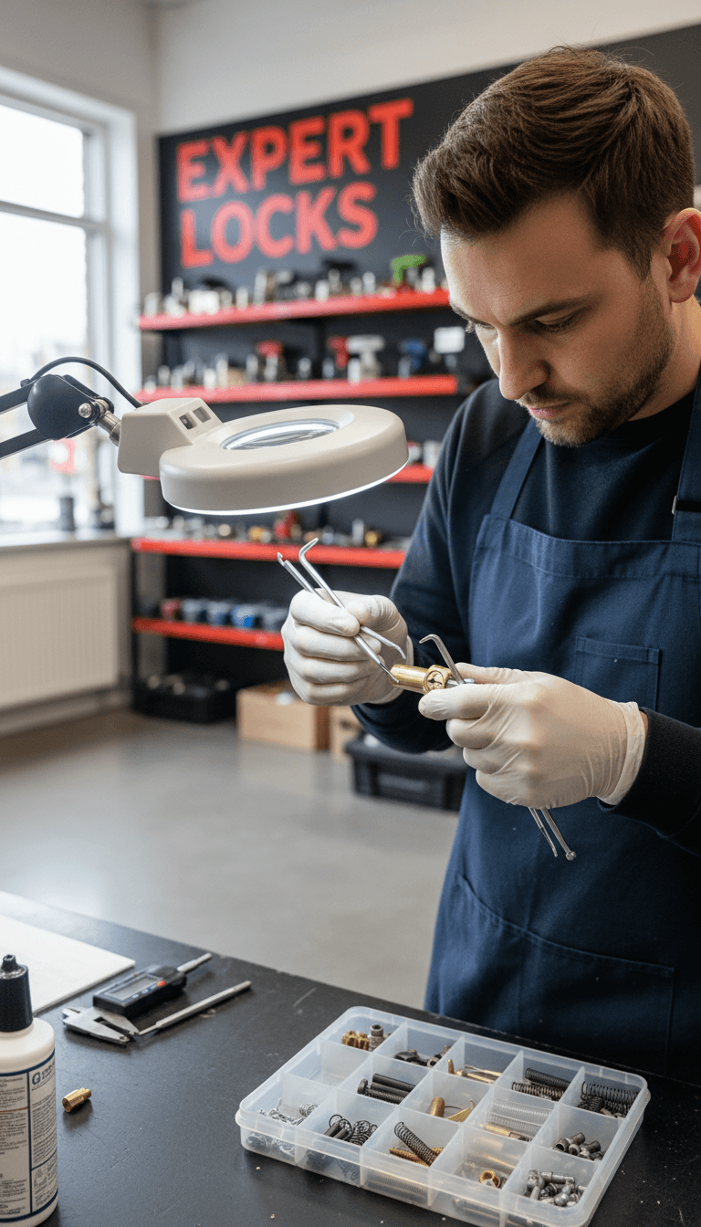 Locksmith rekeying a lock with professional tools