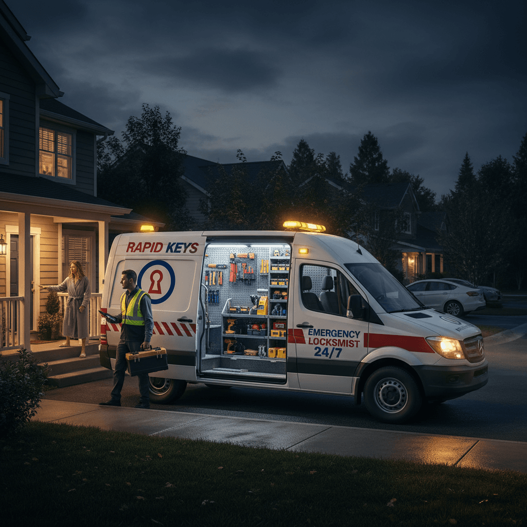 Emergency locksmith responding to urgent lockout call