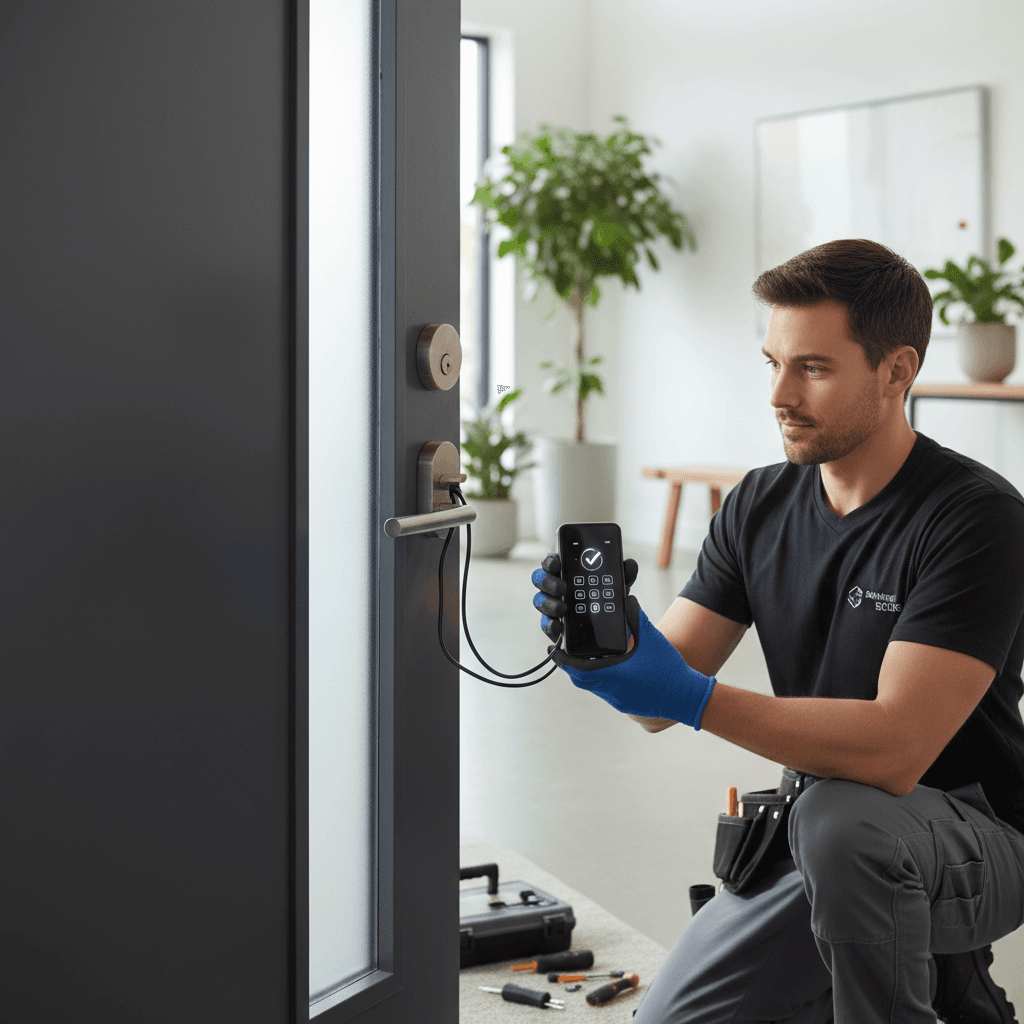 Technician installing modern smart lock on door
