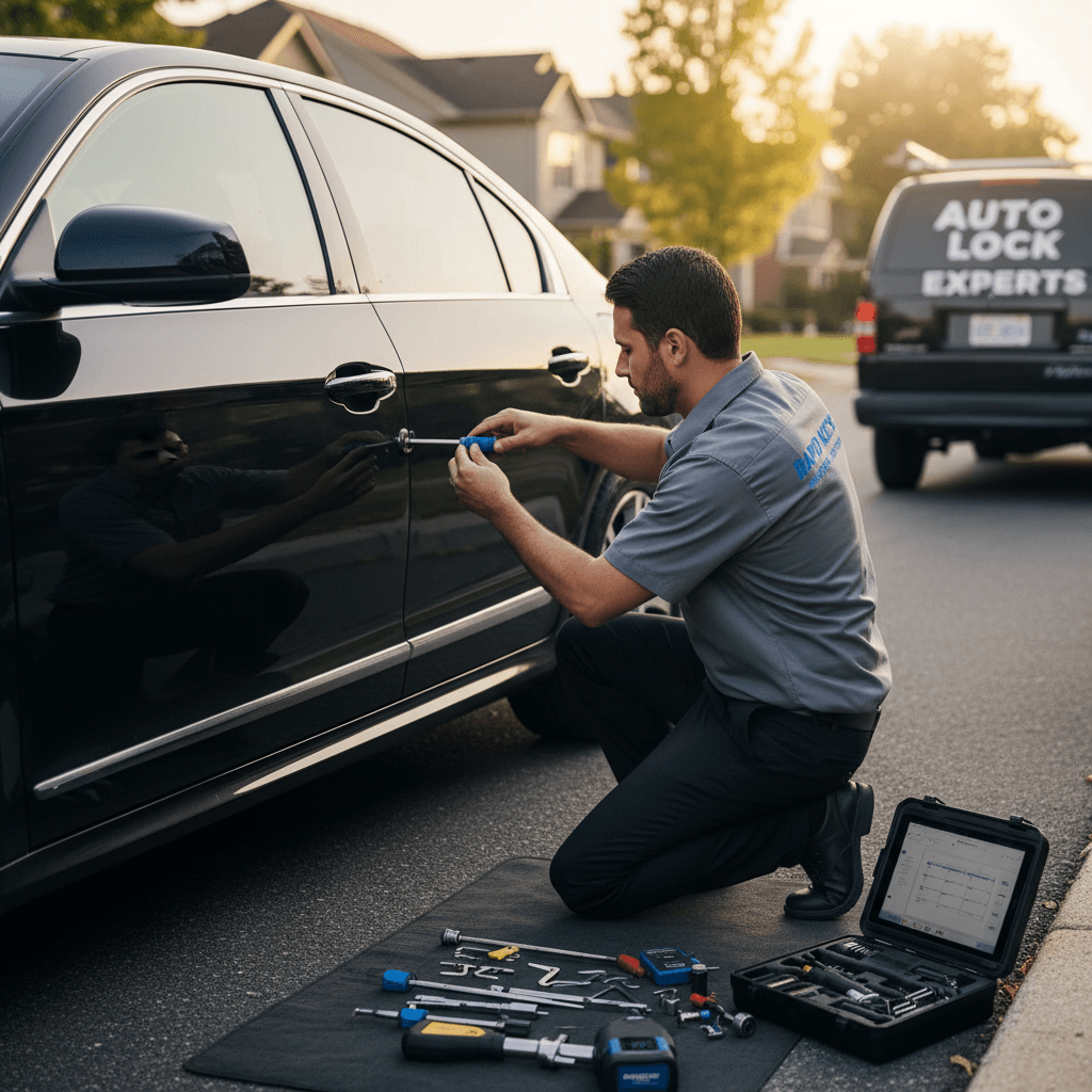 Automotive locksmith helping unlock car door