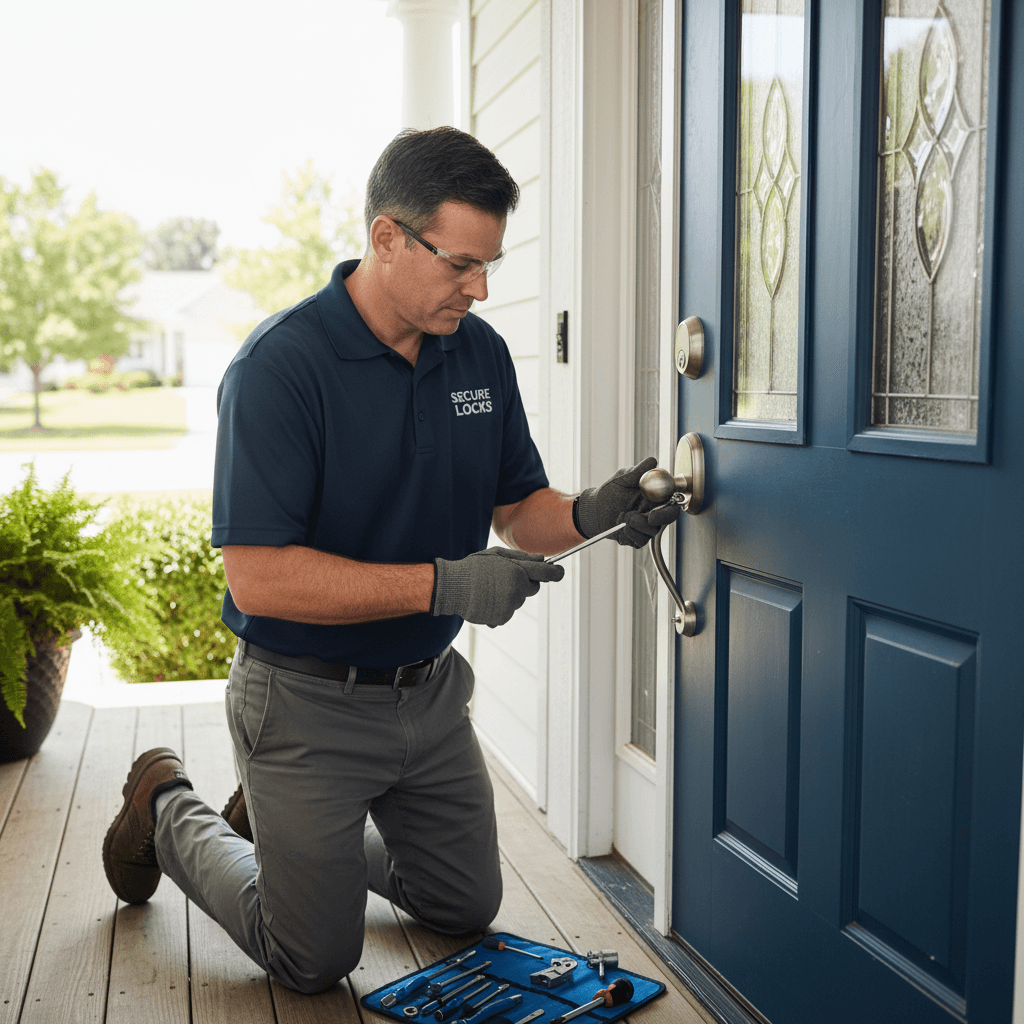 Locksmith installing residential door lock