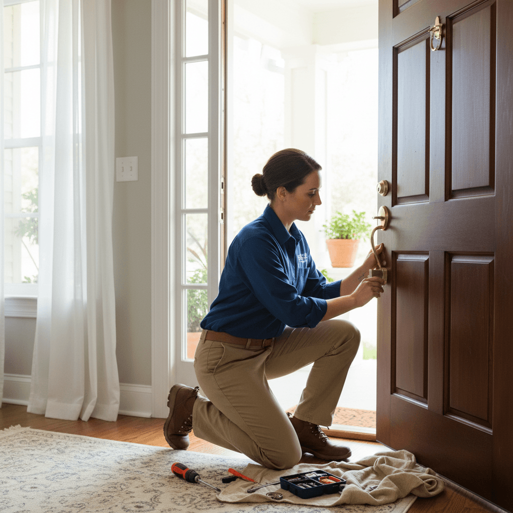 Residential locksmith installing new lock on home door