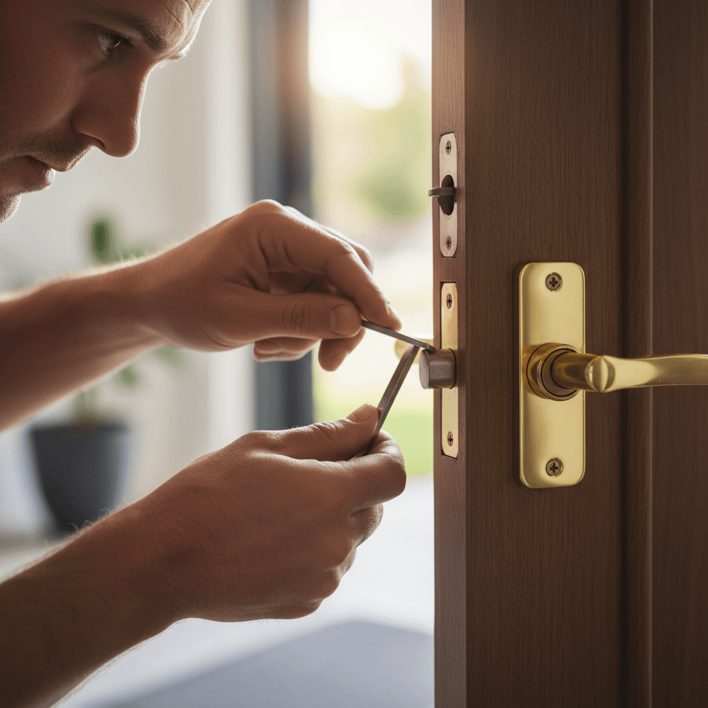 Locksmith installing a new lock on residential door